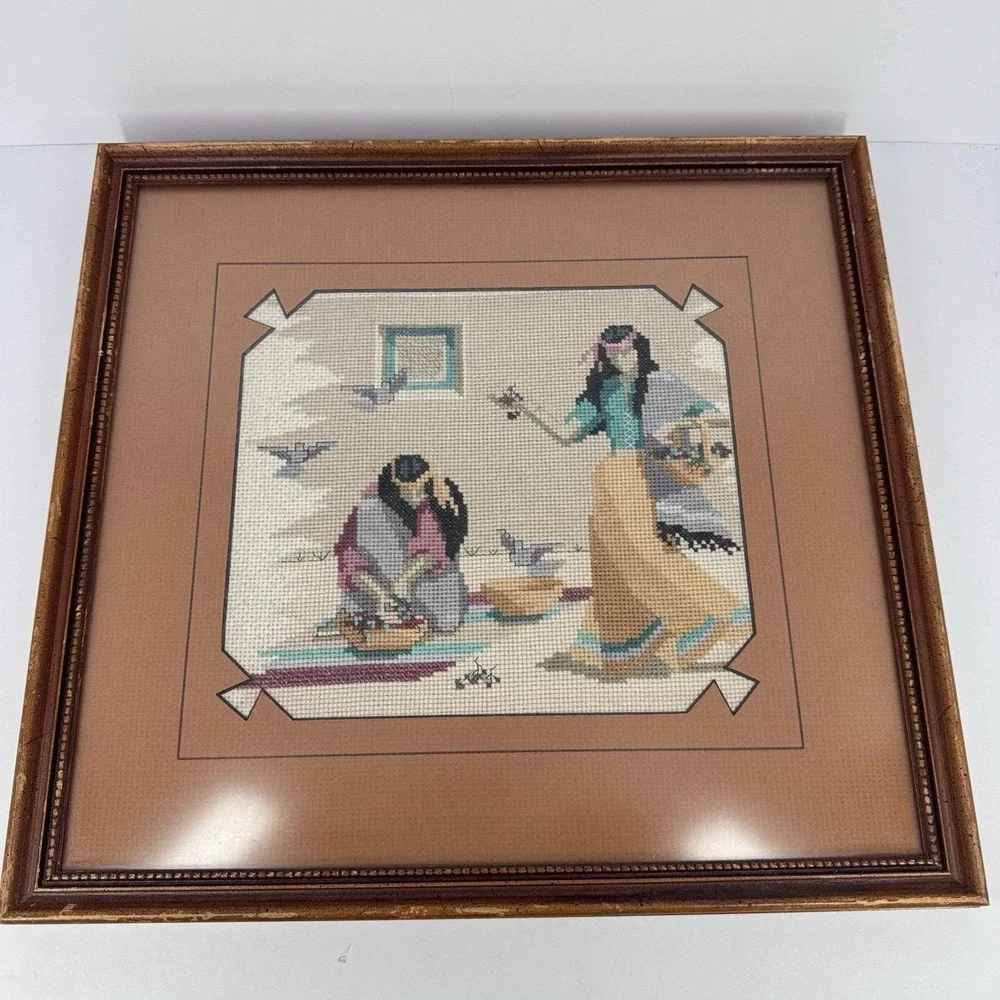 Framed‎ Hand Stitched Needlepoint Southwest Scene Wall Art Brown Frame 14x15